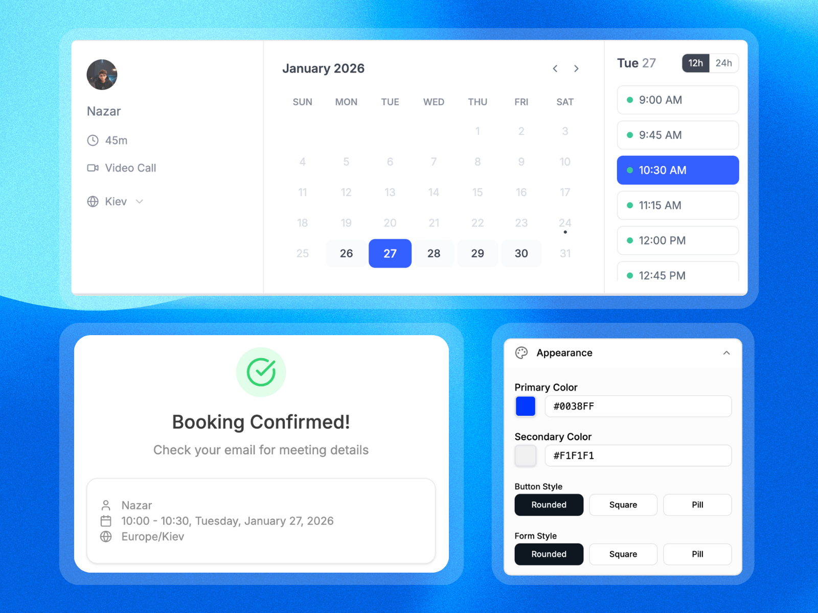 Customizable booking page preview showing branded scheduling interface